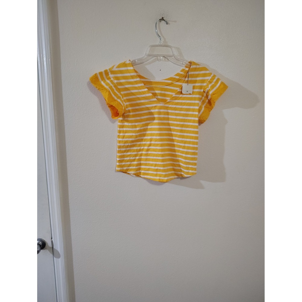 A New Day Womens XS Yellow White Striped‎ Flutter Sleeve V-Neck T-Shirt Top NWT